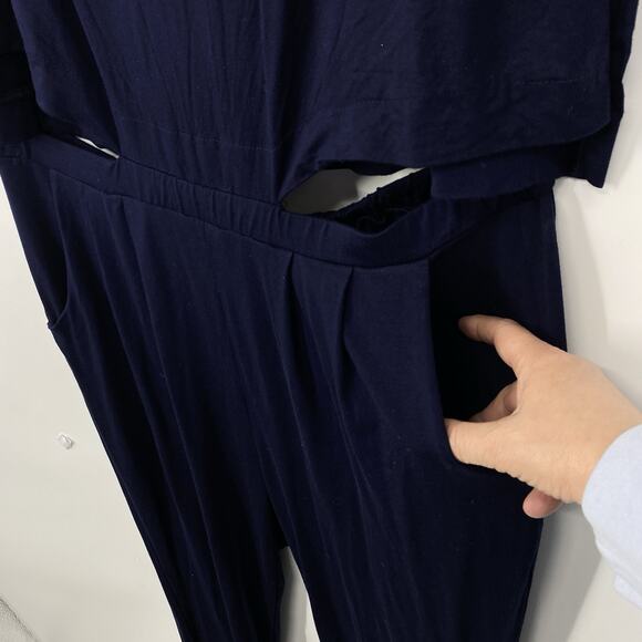 Pure Essence Cap Sleeve Jumpsuit Women size Large Pockets Faux Tuck Navy Blue - Picture 6 of 12